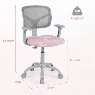 Ergonomická dětská židle k psacímu stolu s nastavitelnou výškou a samozamykacími kolečky, růžová