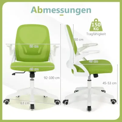 Ergonomická kancelářská židle se skládacími područkami a houpací funkcí. Kancelářská židle zelená.