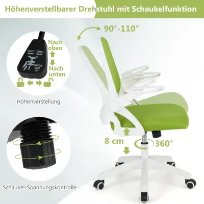 Ergonomická kancelářská židle se skládacími područkami a houpací funkcí. Kancelářská židle zelená.