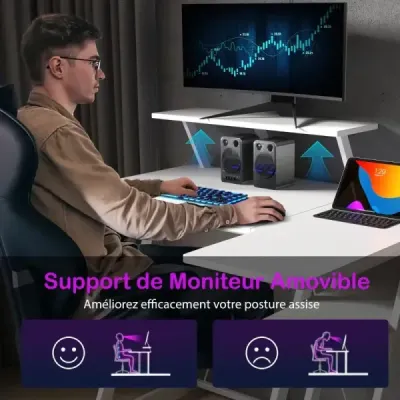 Herní stůl ve tvaru L s elektrickými zásuvkami a USB porty, s policí na monitor – bílý