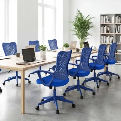 Ergonomická kancelářská židle s prodyšným síťovaným opěradlem, výškově nastavitelná otočná židle, modrá