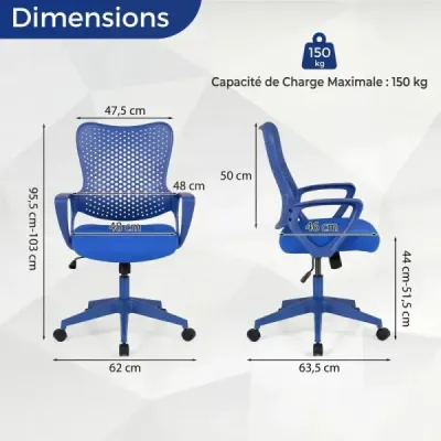 Ergonomická kancelářská židle s prodyšným síťovaným opěradlem, výškově nastavitelná otočná židle, modrá