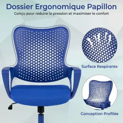 Ergonomická kancelářská židle s prodyšným síťovaným opěradlem, výškově nastavitelná otočná židle, modrá