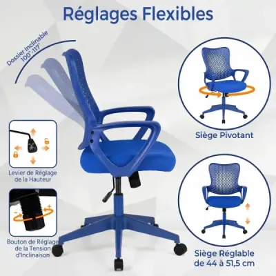 Ergonomická kancelářská židle s prodyšným síťovaným opěradlem, výškově nastavitelná otočná židle, modrá