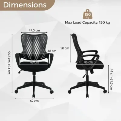 Ergonomická kancelářská židle s prodyšným síťovaným opěradlem, výškově nastavitelná otočná židle, černá
