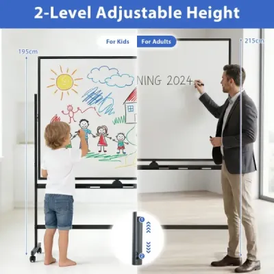 Mobilní bílá tabule, oboustranná magnetická tabule se stojanem, 2 nastavitelné výšky, černá