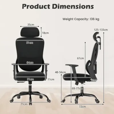 Ergonomická kancelářská židle s nastavitelnou opěrkou hlavy a bederní opěrkou Kancelářská židle Černá