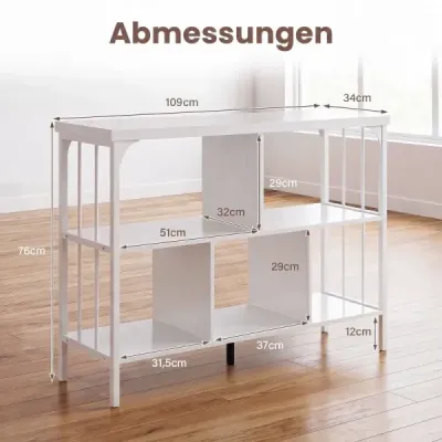 Knihovna – 3patrová stojací policová skříň s 5 otevřenými přihrádkami a bočními výztužnými tyčemi, 109 x 34 x 76 cm, bílá