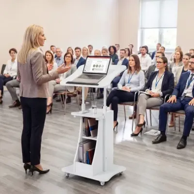 Pultík, výškově nastavitelný, stůl pro stání s kolečky a skládacím stolem, mobilní stůl pro stání, bílý