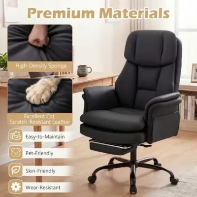 Ergonomická kancelářská židle, výškově nastavitelná manažerská židle s 5 kolečky a výsuvnou opěrkou nohou, černá