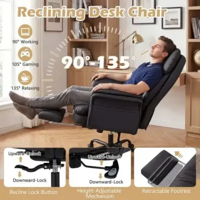 Ergonomická kancelářská židle, výškově nastavitelná manažerská židle s 5 kolečky a výsuvnou opěrkou nohou, černá