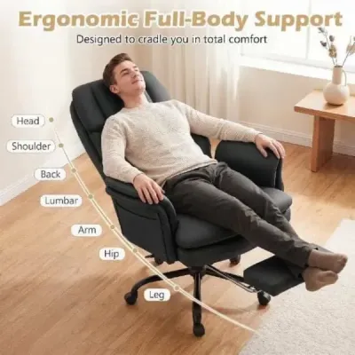 Ergonomická kancelářská židle, výškově nastavitelná manažerská židle s 5 kolečky a výsuvnou opěrkou nohou, černá