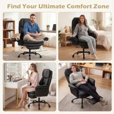 Ergonomická kancelářská židle, výškově nastavitelná manažerská židle s 5 kolečky a výsuvnou opěrkou nohou, černá