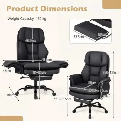 Ergonomická kancelářská židle, výškově nastavitelná manažerská židle s 5 kolečky a výsuvnou opěrkou nohou, černá