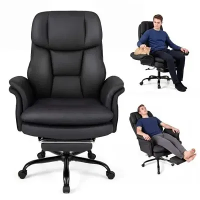 Ergonomická kancelářská židle, výškově nastavitelná manažerská židle s 5 kolečky a výsuvnou opěrkou nohou, černá