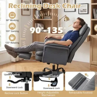 Ergonomická kancelářská židle, výškově nastavitelná manažerská židle s 5 kolečky a výsuvnou opěrkou nohou, sivá