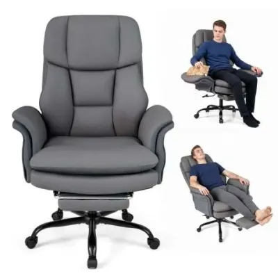 Ergonomická kancelářská židle, výškově nastavitelná manažerská židle s 5 kolečky a výsuvnou opěrkou nohou, sivá