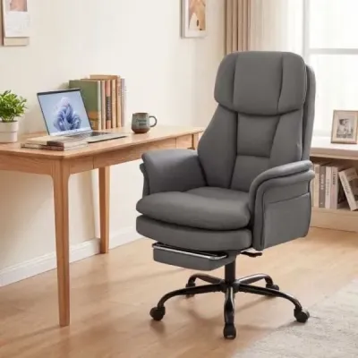 Ergonomická kancelářská židle, výškově nastavitelná manažerská židle s 5 kolečky a výsuvnou opěrkou nohou, sivá