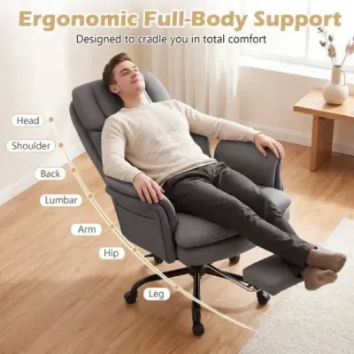 Ergonomická kancelářská židle, výškově nastavitelná manažerská židle s 5 kolečky a výsuvnou opěrkou nohou, sivá