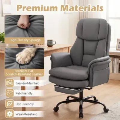 Ergonomická kancelářská židle, výškově nastavitelná manažerská židle s 5 kolečky a výsuvnou opěrkou nohou, sivá