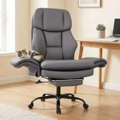Ergonomická kancelářská židle, výškově nastavitelná manažerská židle s 5 kolečky a výsuvnou opěrkou nohou, sivá