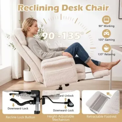 Ergonomická kancelářská židle, výškově nastavitelná manažerská židle s 5 kolečky a výsuvnou opěrkou nohou, bílá