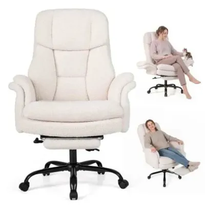 Ergonomická kancelářská židle, výškově nastavitelná manažerská židle s 5 kolečky a výsuvnou opěrkou nohou, bílá