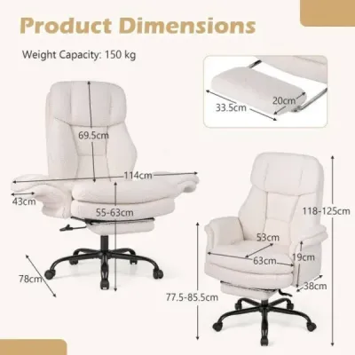 Ergonomická kancelářská židle, výškově nastavitelná manažerská židle s 5 kolečky a výsuvnou opěrkou nohou, bílá