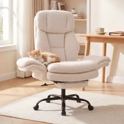 Ergonomická kancelářská židle, výškově nastavitelná manažerská židle s 5 kolečky a výsuvnou opěrkou nohou, bílá