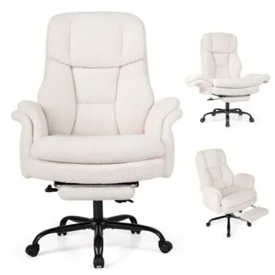 Ergonomická kancelářská židle, výškově nastavitelná manažerská židle s 5 kolečky a výsuvnou opěrkou nohou, bílá