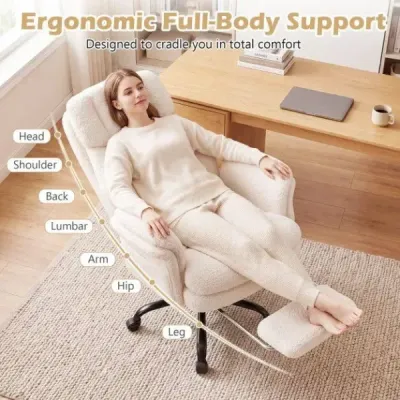 Ergonomická kancelářská židle, výškově nastavitelná manažerská židle s 5 kolečky a výsuvnou opěrkou nohou, bílá
