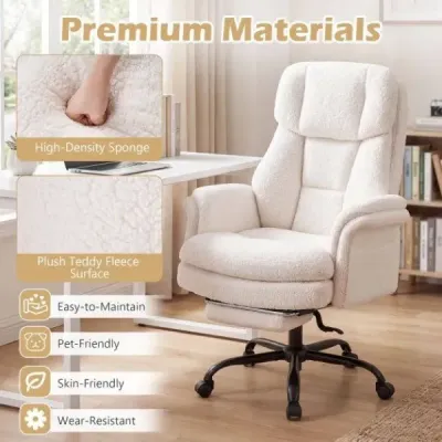Ergonomická kancelářská židle, výškově nastavitelná manažerská židle s 5 kolečky a výsuvnou opěrkou nohou, bílá
