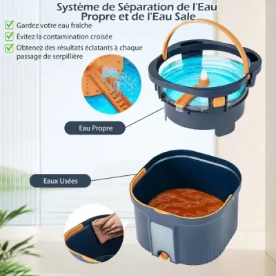 Systém mopu a vědra s funkcí oddělování odpadní vody a ždímání a 360° otočnou hlavou mopu Modrá barva