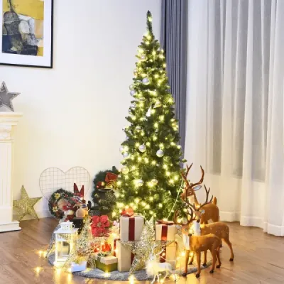 200 cm tenký vánoční stromek s teplými bílými LED diodami Umělý vánoční stromek zelený