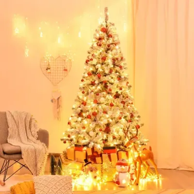 225 cm umělý vánoční stromek se sněhovými a teplými bílými LED světly Vánoční stromek jehly z PVC