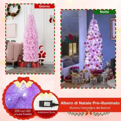180 cm umělý vánoční stromeček s 250 studenými bílými LED diodami Slim Christmas Tree Pink