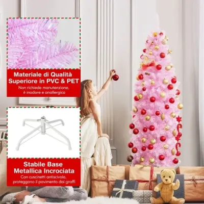 180 cm umělý vánoční stromeček s 250 studenými bílými LED diodami Slim Christmas Tree Pink