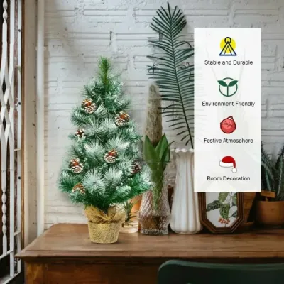 Umělý mini vánoční stromek ze zasněžené borovice s ozdobou z borovicových šišek 60 cm