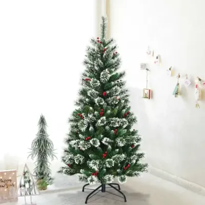Umělý vánoční stromeček 150 cm se sněhovými vločkami, červenými bobulemi a zelenými koblihami