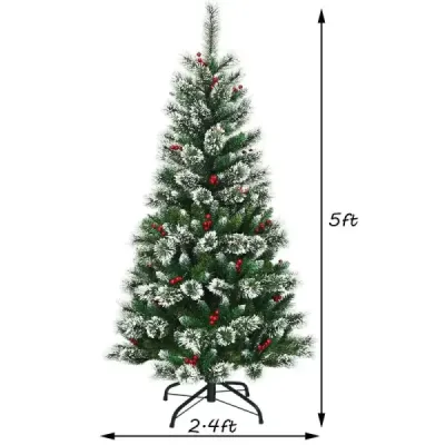 Umělý vánoční stromeček 150 cm se sněhovými vločkami, červenými bobulemi a zelenými koblihami