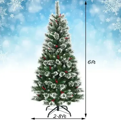 180 cm umělý vánoční stromek se sněhovými vločkami, červenými bobulemi a zelenými šiškami