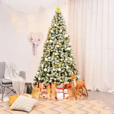 225 cm osvětlený zasněžený vánoční stromek se skládacím kovovým stojanem zelená + bílá