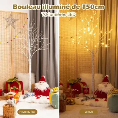150 cm LED Lichterbaum Birkenbaum mit Warmweißen LED-Leuchten Weiß