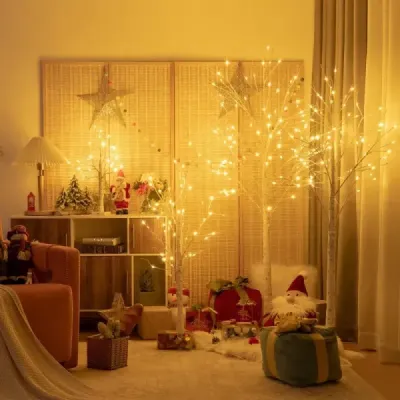 150 cm LED Lichterbaum Birkenbaum mit Warmweißen LED-Leuchten Weiß