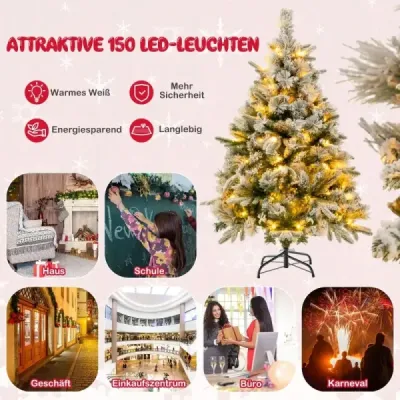 136 cm umělý vánoční stromek se sněhem a 150 teplými bílými LED světly zelenými