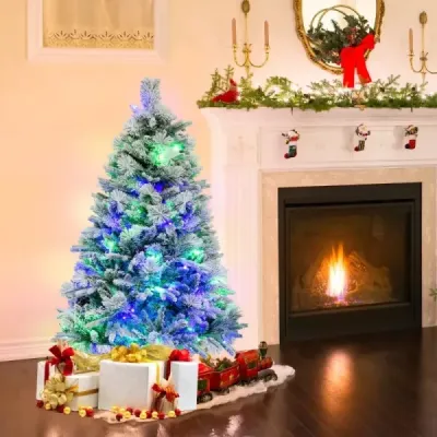 136 cm umělý vánoční stromek se sněhem a 8 světelnými režimy a 472 PE PVC konečky