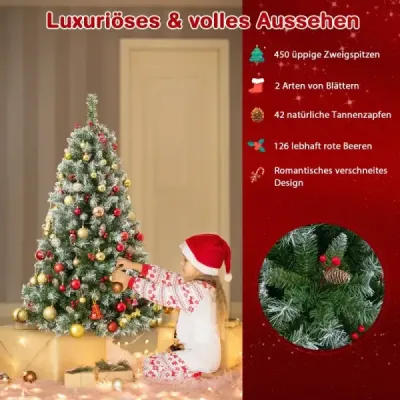 150 cm umělý vánoční stromek se světly, sněhem a koblihami a červenými bobulemi