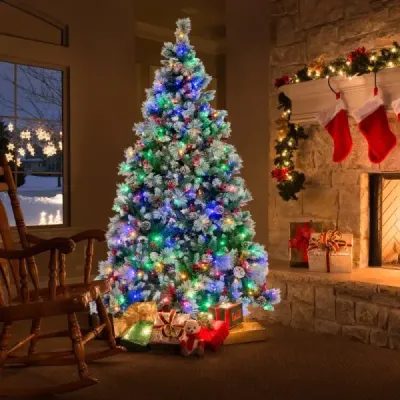 Ø125 x 215 cm Christbaum mit LED-Lichtern Weihnachtsbaum mit Beeren Grün + Weiß