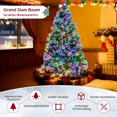 Ø125 x 215 cm Christbaum mit LED-Lichtern Weihnachtsbaum mit Beeren Grün + Weiß