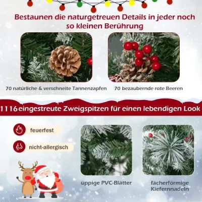 Ø125 x 215 cm Christbaum mit LED-Lichtern Weihnachtsbaum mit Beeren Grün + Weiß
